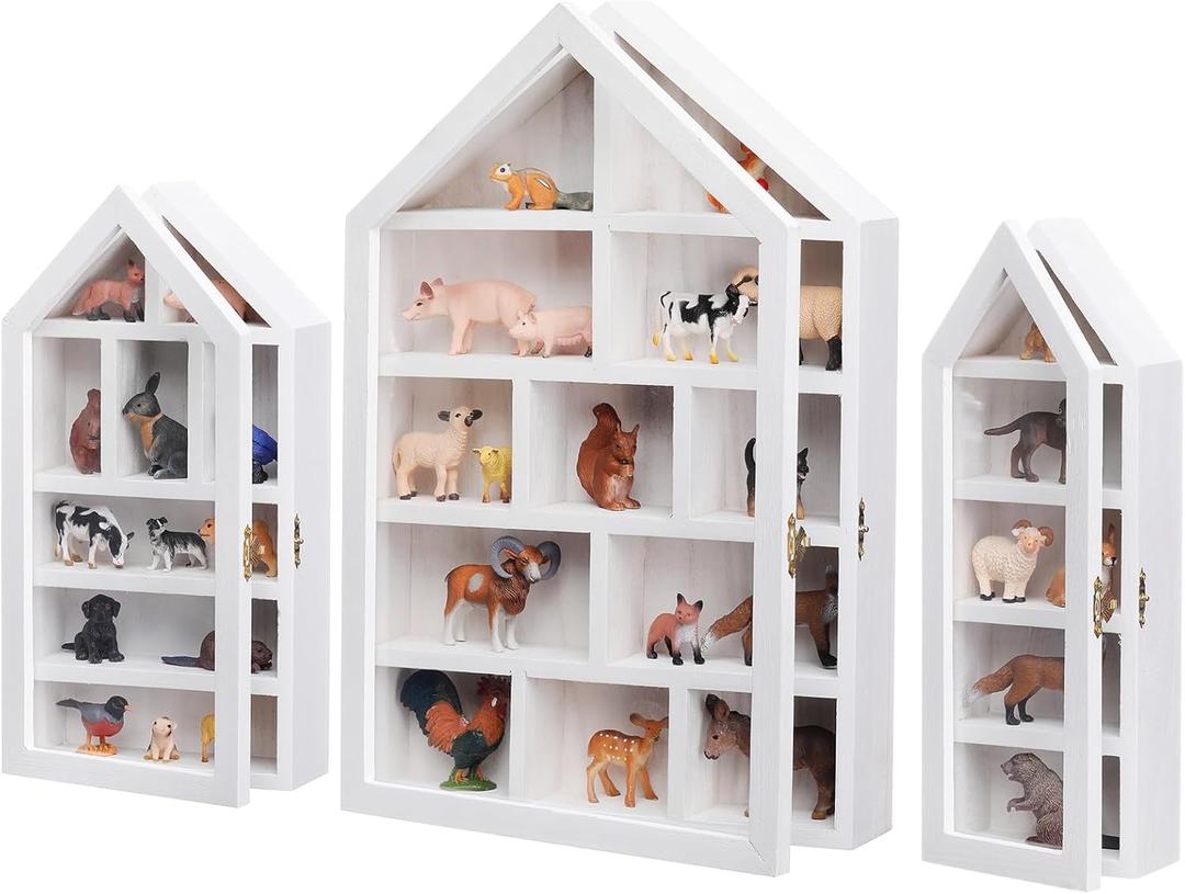 DoubleFill Set of 3 Wooden Trinket Display Shelf Shadow Box with Shelves 10 x 15 Inch Large Wall Mounted Display Storage Mini Figures Curio Trinket Medals Crafts Collections(White,House Shape)