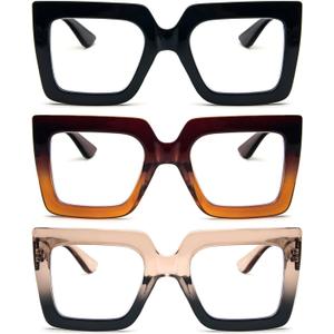 REAVEE 3 Pack Oversized Reading Glasses for Women Large Frame Extra Wide, Blue Light Blocking Stylish Thick Square Readers