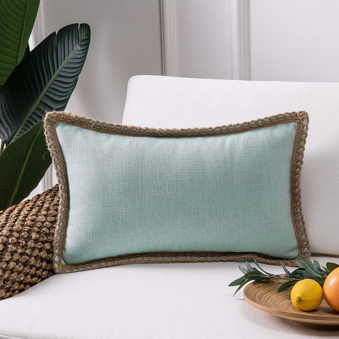 Phantoscope Farmhouse Solid Throw Decorative Pillow Cover Burlap Linen Trimmed Tailored Edges Outdoor Pillow Light Turquoise 12 x 20 inches, 30 x 50 cm