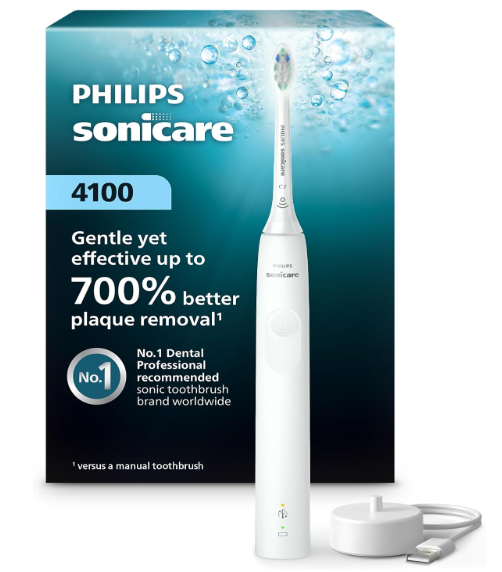 Philips Sonicare 4100 Series Electric Toothbrush  Sonic Toothbrush with Advanced Sonic Technology, Pressure Sensor, Two Intensity Settings, Smartimer & Quadpacer, White, Model HX3681/23
