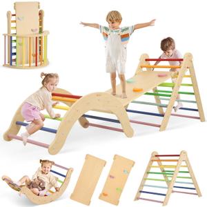 7-in-1 Climbing Toys for Toddlers 1-3 Years Old, Foldable Wooden Pikler Triangle Set Indoor, Montessori Climbing Set with Arch, Ramp & Ladder - Rainbow