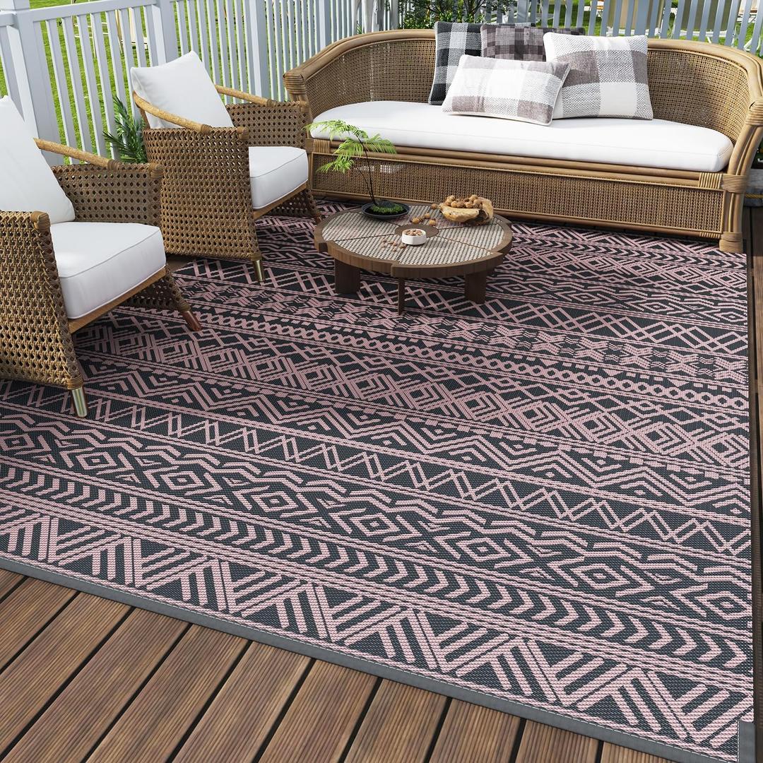 MontVoo Outdoor Rug Carpet Waterproof 5x8 Outdoor Patio Rug Mat Reverisble Plastic Straw Outdoor Rug for RV Camping Picnic Beach Balcony Boho Pink Grey