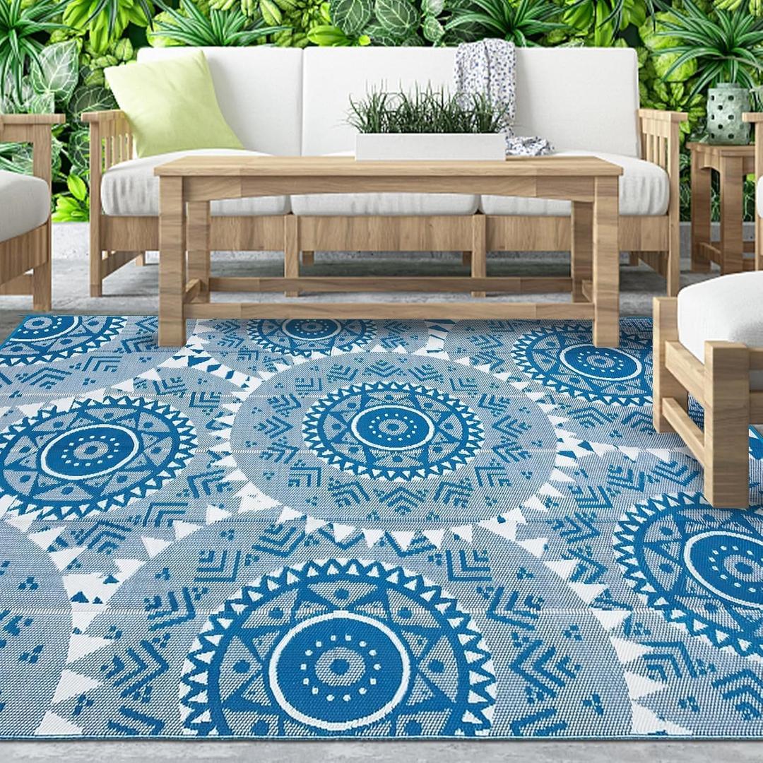Alfolo 9x12 Outdoor Patio Rug - Waterproof Reversible Plastic Straw Mat, UV Resistant & Easy Clean, Foldable Camping Carpet with Carry Bag for RV, Deck, Pool & Picnic (Navy Blue Boho)