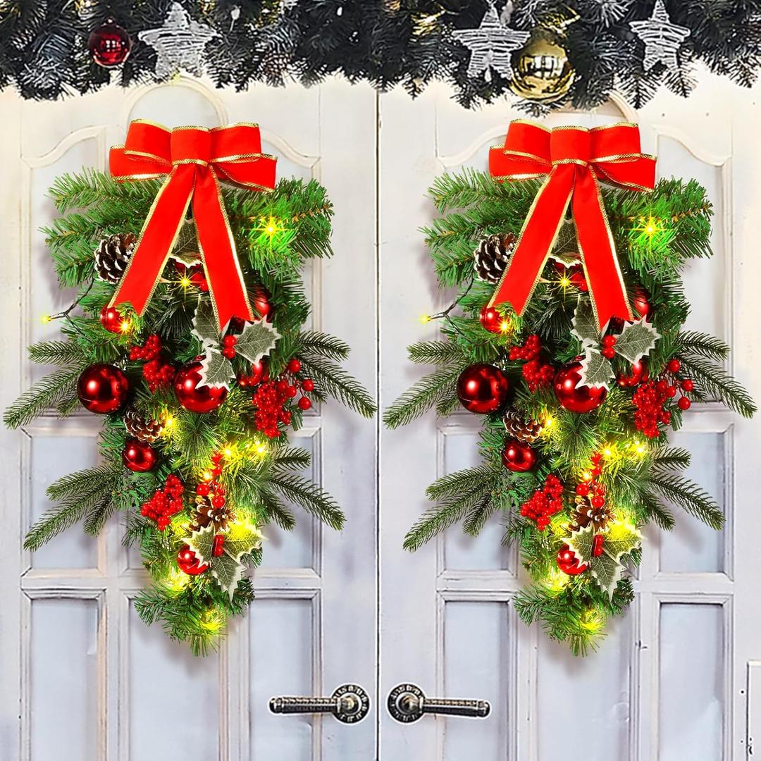 Yunlly 2 Pcs Pre-Lit Christmas Teardrop Swags 24 Inch Christmas Swag Wreath Garland Decorative with Lights Fairy Lights Bow Pine Cones Xmas Decor for Front Door Stairs Wall Window (Red)