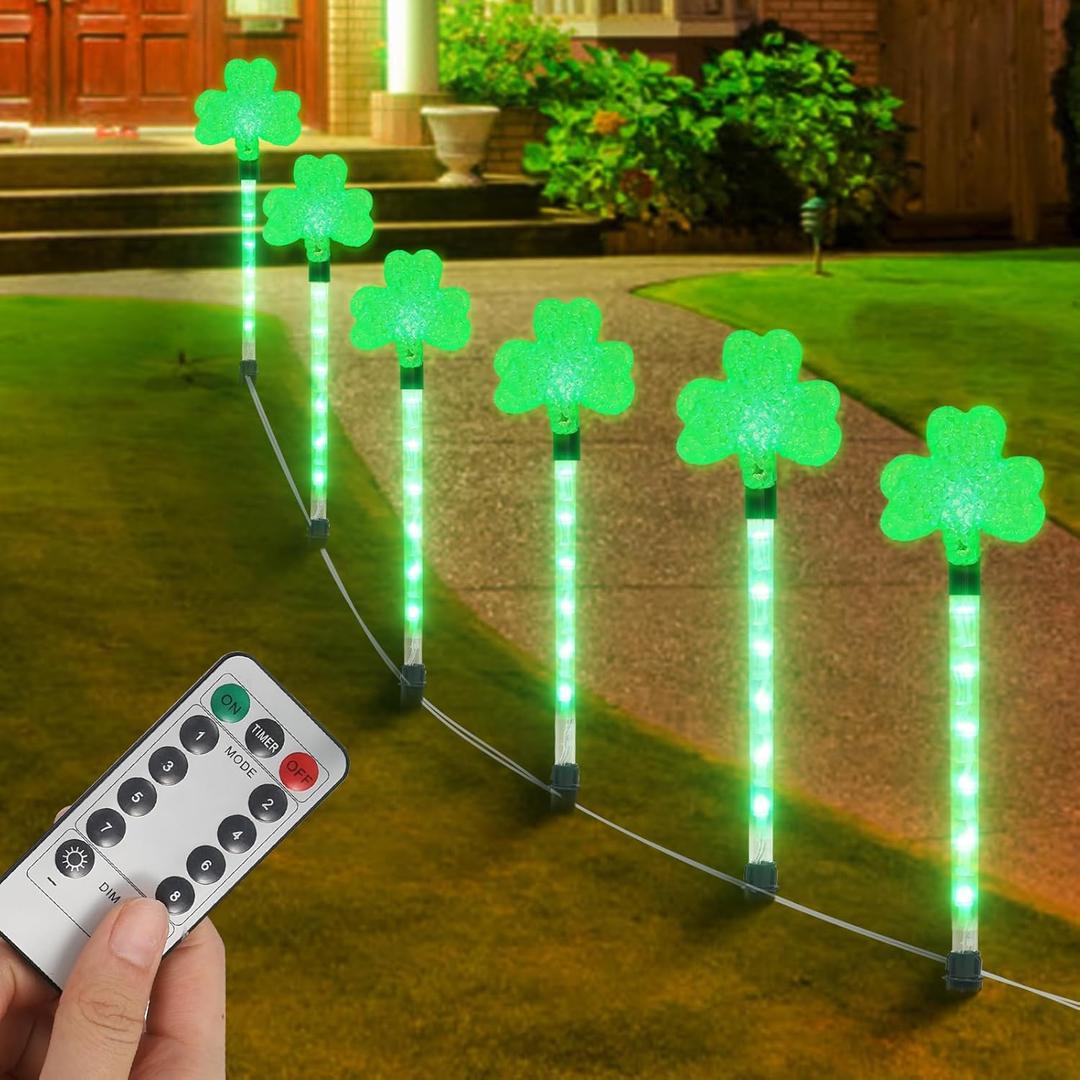 YUNVI 6 Pack St. Patrick's Pathway Light,8 Modes Green Shamrocks Stake Lights with Timer,LEDs Shamrock String Lights St. Patrick's Day Decoration Light for Backyard Lawn Garden Party
