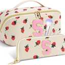 Personalized Travel Makeup Bag Set,Initial Travel Cute Strawberry Makeup Organizer Bag,Toiletry Skincare Cosmetic Bag Gifts for Women/Girls,Open Flat Toiletry Pouch with Brush Pocket-Strawberry S