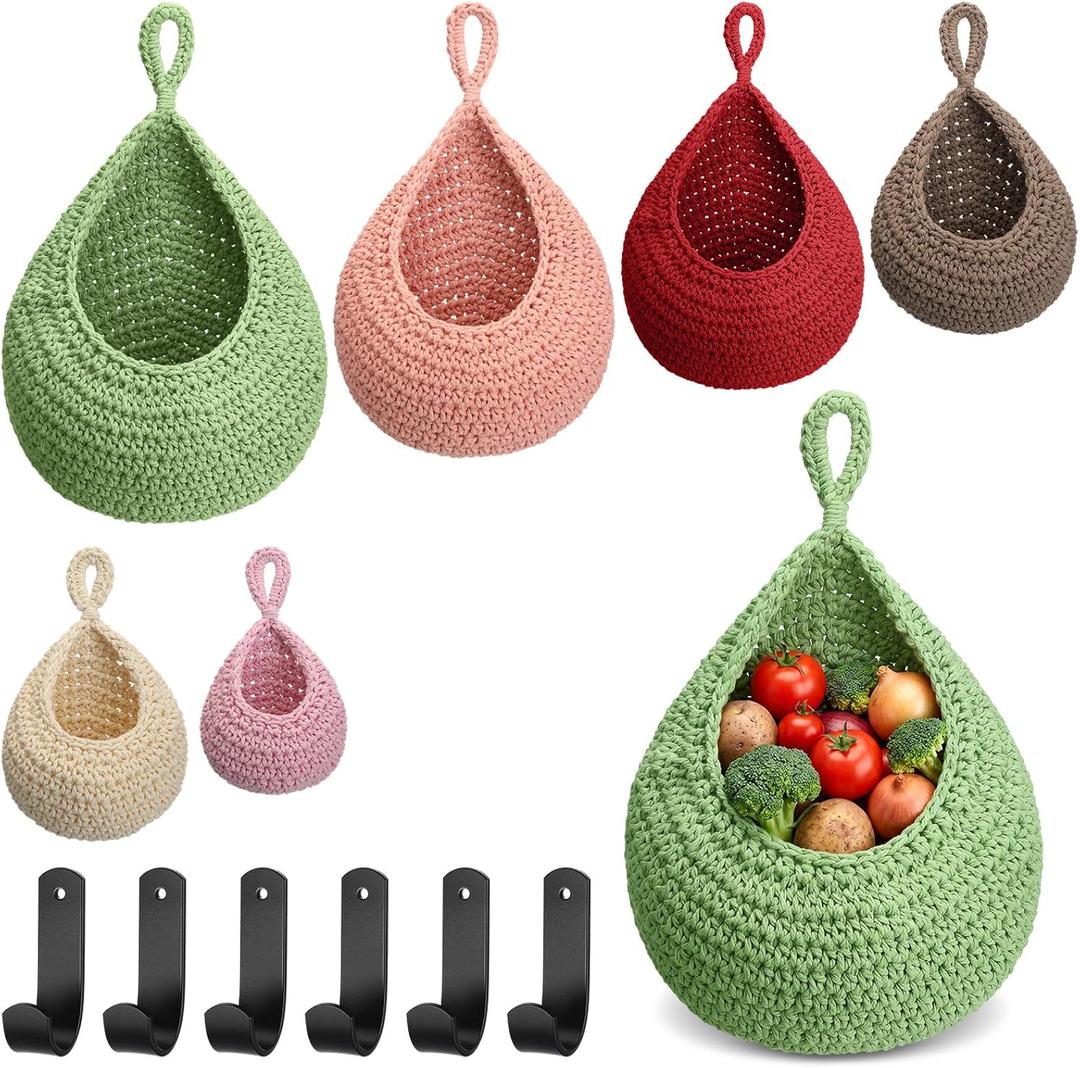 Honeydak 6 Pack Boho Hanging Wall Baskets for Kitchen, Teardrop Hanging Fruit Vegetable Basket with 6 Hooks, Cute Onion Storage Net for Camper, Bathroom, Entryway, Nursery, 6 SizeColorful)
