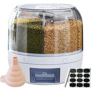 Rotating grain distributor, 6-grid large rice storage container for storing rice, beans and cat food, sealed and moisture-proof, large size.