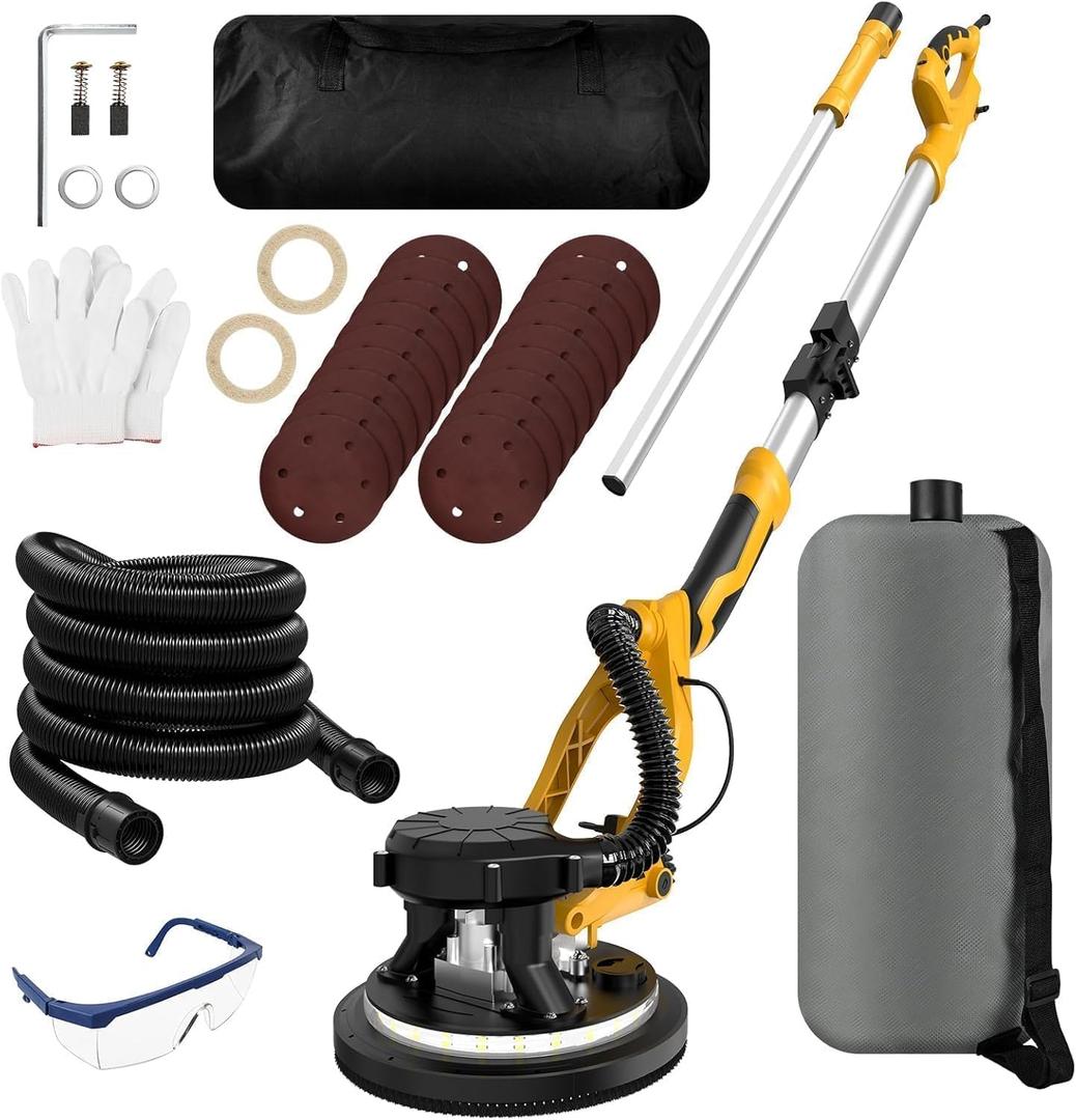 1250W Drywall Sander, 11.5A Electric Drywall Sander with Vacuum Dust Collection, 5 Variable Speed 800-1800RPM, Popcorn Ceiling Removal Tool with Extendable Handle, LED Light, 18pcs Sanding Discs