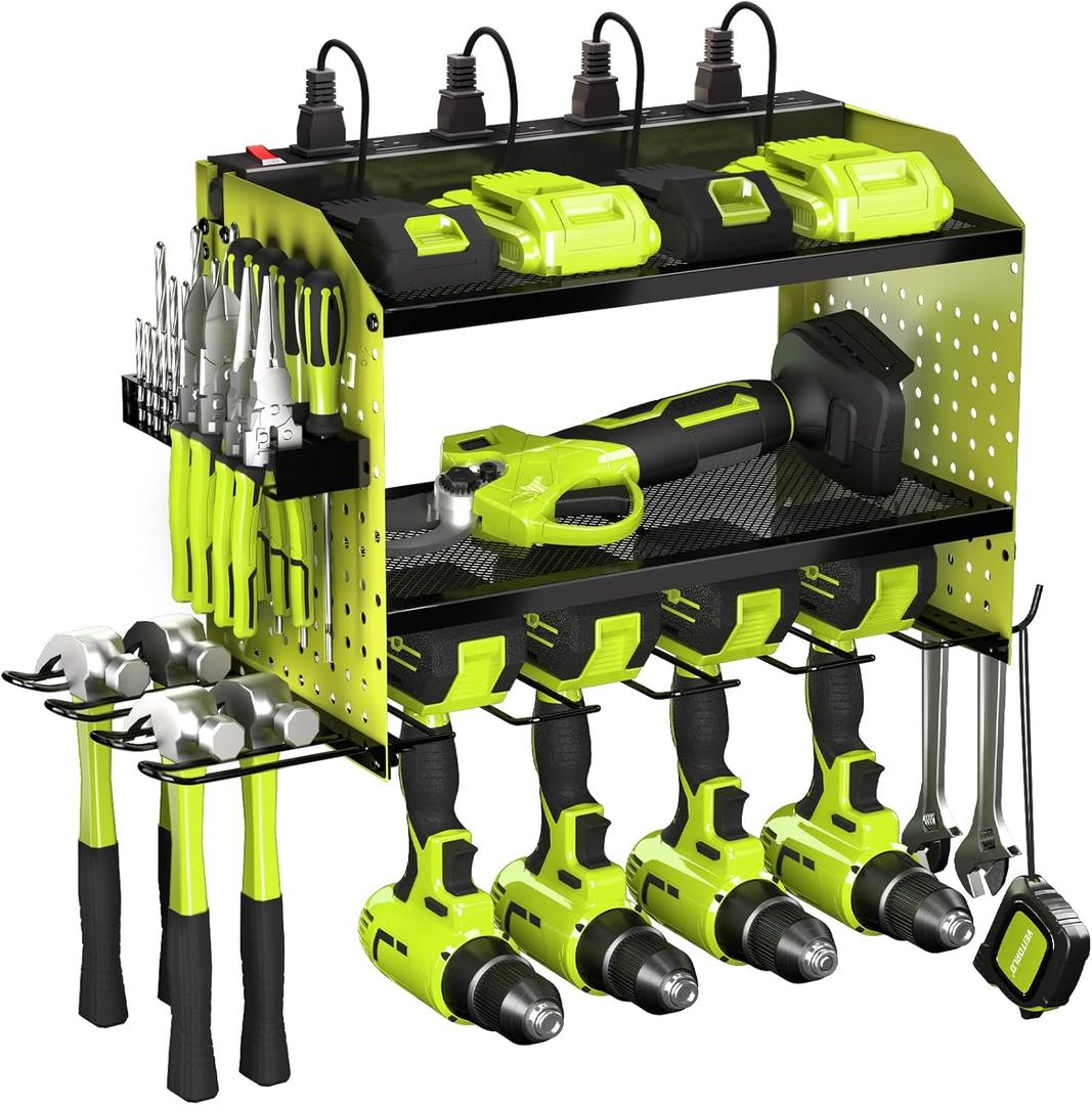Veitorld Power Tool Organizer with Charging Station, Heavy Duty Modular Wall Mount Rack for Garage & Shed Organization, 4 Drill Holders, Fathers Day Birthday Gifts for Him Men Dad Him Husband(Green) (3 Layer)