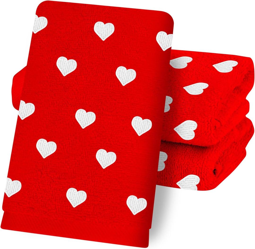 3 Pcs Valentine's Day Hand Towels Bath Towels Red Heart Embroidered Cotton Dish Towel for Holiday Bathroom Kitchen Hand Drying Cleaning, 29.5 x 13.7 Inch