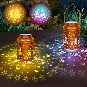 2 Pack Solar Lantern Outdoor Waterproof Christmas Tree Snowflake Decor, 7-Color Changing & Warm White Light, 12H Long Lasting, Gifts for Women Mom Grandma, Hanging Metal Lights for Patio Yard Porch