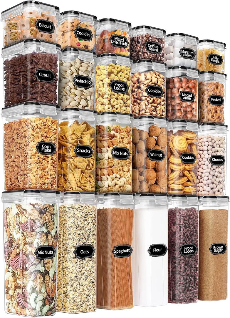 PRAKI Airtight Food Storage Containers Set with Lids - 24 PCS, BPA Free Kitchen and Pantry Organization, Plastic Leak-proof Canisters for Cereal Flour & Sugar - Labels & Marker (Black)