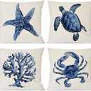 Sea Life Coastal Throw Pillow Covers 20x20 Inch Starfish Turtle Crab Coral Indigo Blue Summer Beach Ocean Nautical Outdoor Decorations Decorative Throw Pillows Cases Set of 4 for Couch Decor