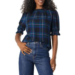Amazon Essentials Women's Fluid Twill Short Puff Sleeve Ruffle Smocked Shirt XS