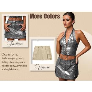 WDIRARA Women's PU Leather Cargo Skirt Retro Low Waist Button Mini Skirt with Flap Pockets, X-Small