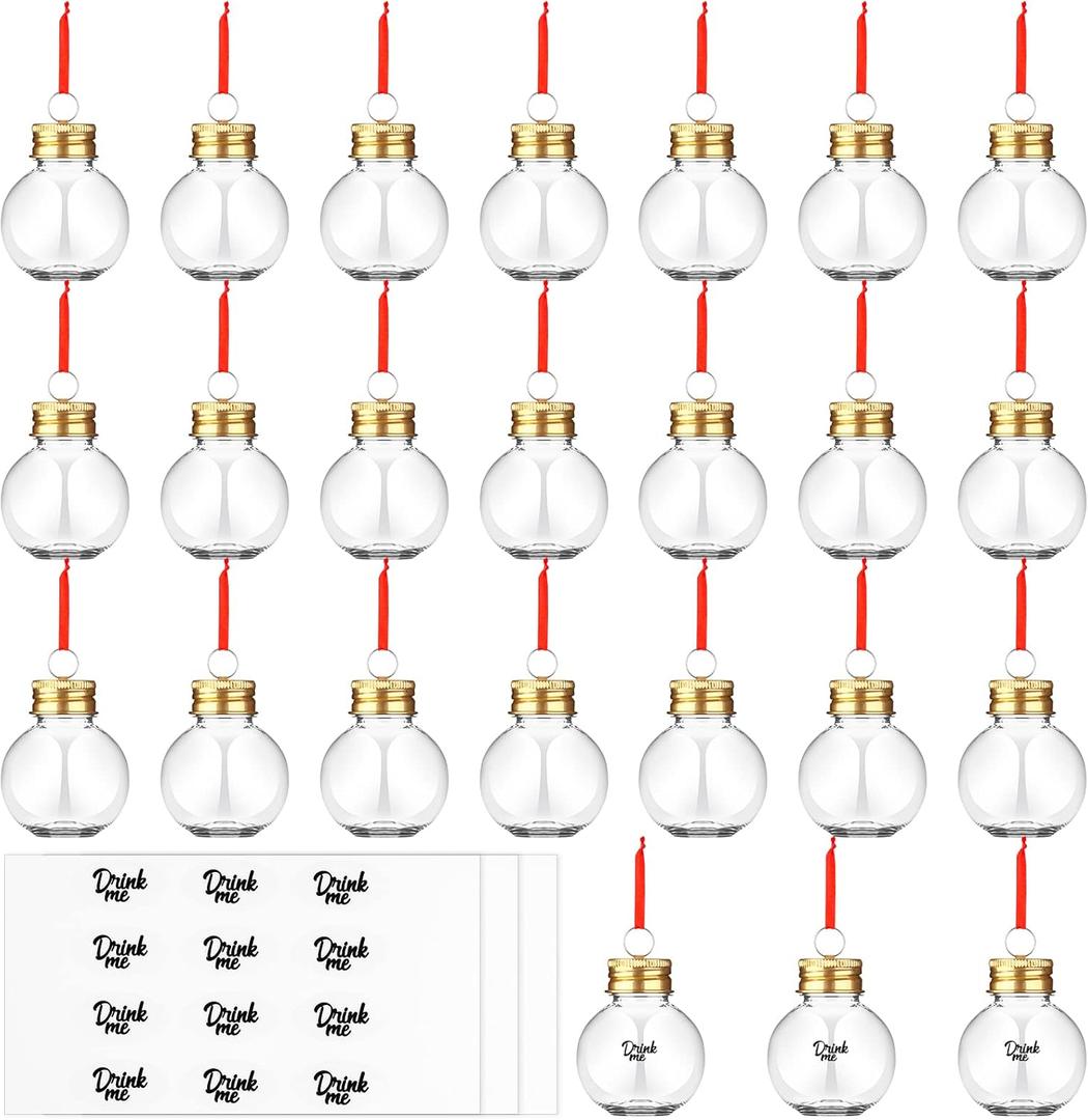 24 Pieces Christmas Booze Balls with Red Ribbon Christmas Fillable Booze Tree Ornaments Clear Plastic Round Ornaments Pendant Ball with Stickers for Holiday Wedding Party Decor (Gold)