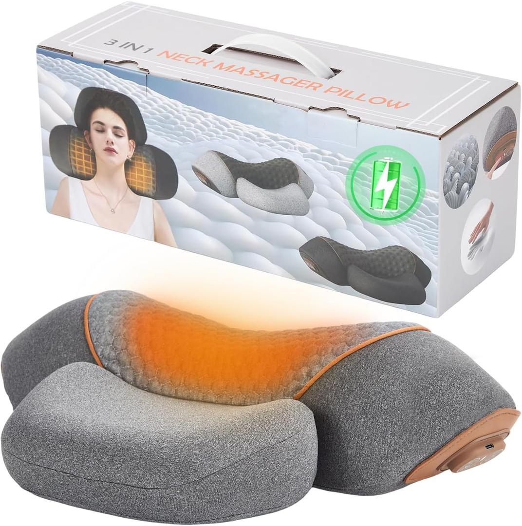 3-in-1 Rechargeable Neck Massager Pillow with Heat, Vibration, Traction Massager for Neck Pain and Hump Relief, Gifts for Home Office Travel