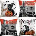 Artscope Halloween Decorative Throw Pillow Covers 18x18 Inch Set of 4, Ghost Trick or Treat Pumpkin Sweet But Spooky Outdoor Farmhouse Pillow Cases for Home Sofa Couch-Orange