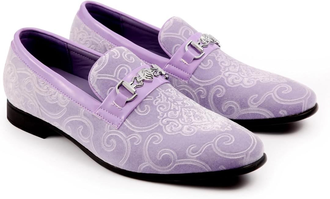 Men's Luxury Penny Slip-on Loafer Classical Paisley Pattern Velvet Dress Shoes Designer Gold-Buckled Smoking Slipper Party Prom Wedding Comfortable Dancing Shoes (10.5, Lavender)
