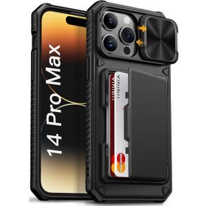Vihibii for iPhone 14 Pro Max Case with Card Holder (4 Cards) [RFID Blocking] & Slide Camera Cover, Military Grade Drop Protection, Rugged Hard Back & Silicone Edge Wallet Case, 6.7" 2022, Black