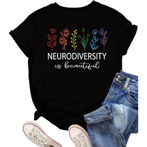 Womens Neurodiversity Shirt Autism Awareness Tshirts Mental Health Awareness Short Sleeve Tops (Black, L)
