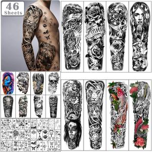 Extra Large Full Arm Waterproof Temporary Tattoos 8 Sheets and Half Arm Shoulder Tattoo 8 Sheets, Tiny 30sheets Lasting Tattoo Stickers for Girls Adult Women or Men (Total 46 sheets) (Black)