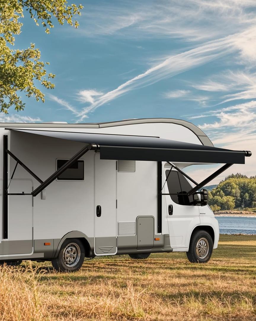 VEVOR Motorized RV Awning Complete Kit, 16' Retractable Awning with Aluminum Alloy Frame, Outdoor Trailer Awning, Fit for Most RVs(Black Fade) (16' (fabric 15'2"))