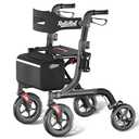 RollisRoll Walkers for Seniors with Seat, Foldable Rollator Walker, Reinforced Aluminum Frame, 10" Big Rubber Wheels for All Terrain, Built-in Cable, Lightweight Rolling Walker, Gray