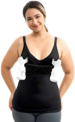Momcozy Hands Free Pumping Tank Top, All-in-One Pumping & Nursing Tank Tops with Built-in Bra, Fixed Padding Maternity Cami XL