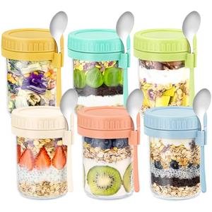 DRKIO 6 Pack Overnight Oats Containers with Lids and Spoons 16 Oz Glass Mason Jars for Overnight Oats Leak Proof Oatmeal Container Great for Cereal Fruit Vegetable Milk Salad Yogurt Meal Prep