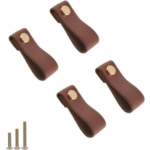 Yusheng 4 Pack Soft Genuine Leather Drawer Pulls Handle,Wardrobe Cabinets Kitchen Closet Knobs Door Pulls Handles knobs with Screws,Home Decoration, Handmade (4 Pack, 2.6" Single Hole - Brown)