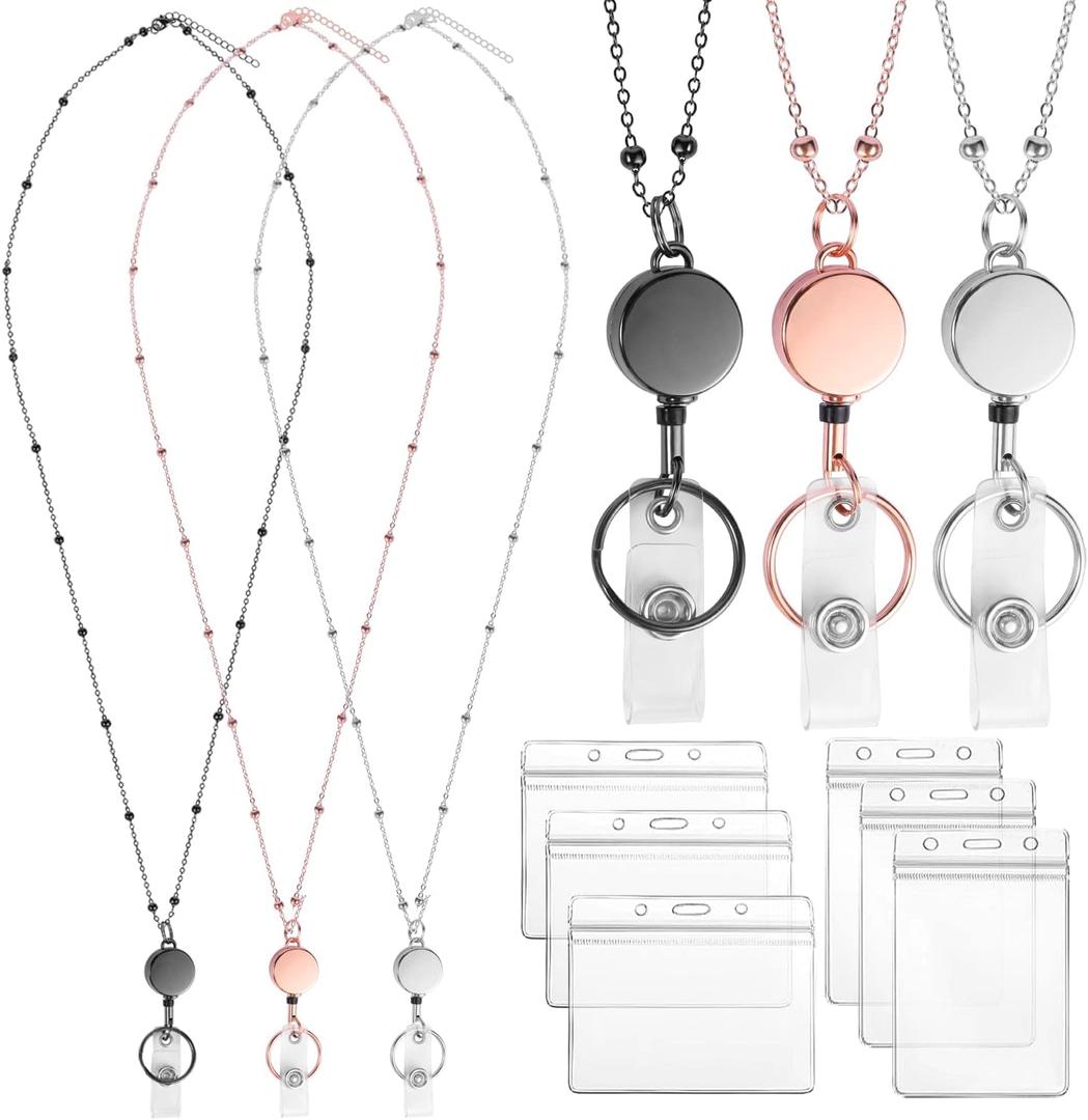 Lanyards for Id Badges 3 Pack Badge Lanyard with 6 Pcs Id Badge Holder Retractable Stainless Steel Teacher Lanyard Cruise Ship Lanyards for Girl Women (Black, Silver, Rose Gold)