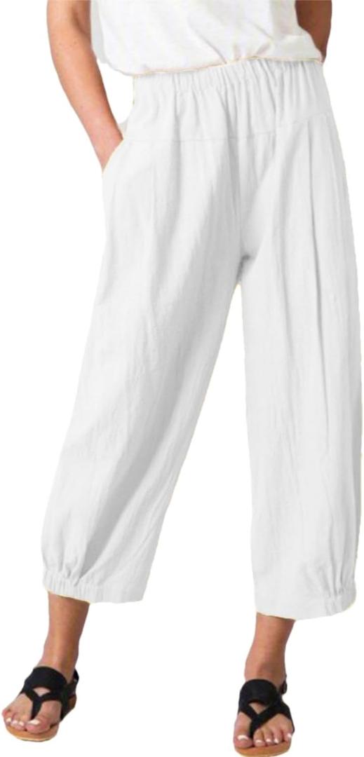 Women's Summer Loose Yoga Pants Wide Leg Elastic Waist Casual Capris Cropped Trousers with Pockets (White, M)