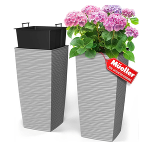 Mueller M-Resin Heavy Duty Tall Planters for Outdoor Plants, Indoor Grande Plant Pots, Boxes, Trees, Flower Pots, 2-Piece Set, 24”, Modern Design, Built-in Drainage, Front Porch Decor, Light Gray