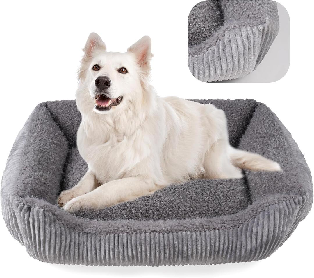 YUNIQUE Large Dog Bed - Plush Corduroy, Anti-Slip Bottom, Soft and Cozy for Dogs (Grey, Large)