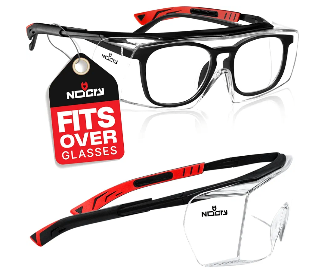 NoCry Safety Glasses Over Eyeglasses for Men and Women with Anti Scratch Lenses and Integrated Side Shields — Adjustable Temples with Anti-Slip Tips — 100% UV Protective Eyewear — ANSI Z87 Certified