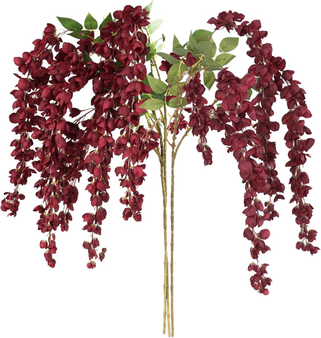 3Pcs Wisteria Artificial Flowers Branches 43In Fake Wisteria Floral Hanging Plant for Party Floor Vase Balcony Wedding Floral Arrangement Decoration (Red)