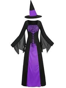 GRAJTCIN Wicked Witch Costume for Women Gothic Sorceress Halloween Party Cosplay Dress with Hat (L, Black Purple)