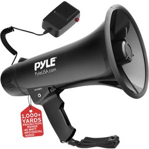 Pyle Megaphone Speaker PA Bullhorn Built-in Siren - Adjustable Volume Control & 1200Yard Range - for Football, Soccer, Baseball, Hockey & Basketball Cheerleading Fans & Coaches or for Safety Drills (Black)