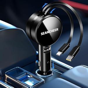 SEANCHEER Retractable Car Charger for iPhone and Android Fast Charging, Car Charger with Retractable Cords(2.6Ft), USB-C Ports,Compatible with iphone15/ Pro Max 14/ Pro Max/13/12/11/iPad/Galaxy