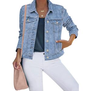 luvamia Women's Basic Button Down Stretch Fitted Long Sleeves Denim Jean Jacket (Large)
