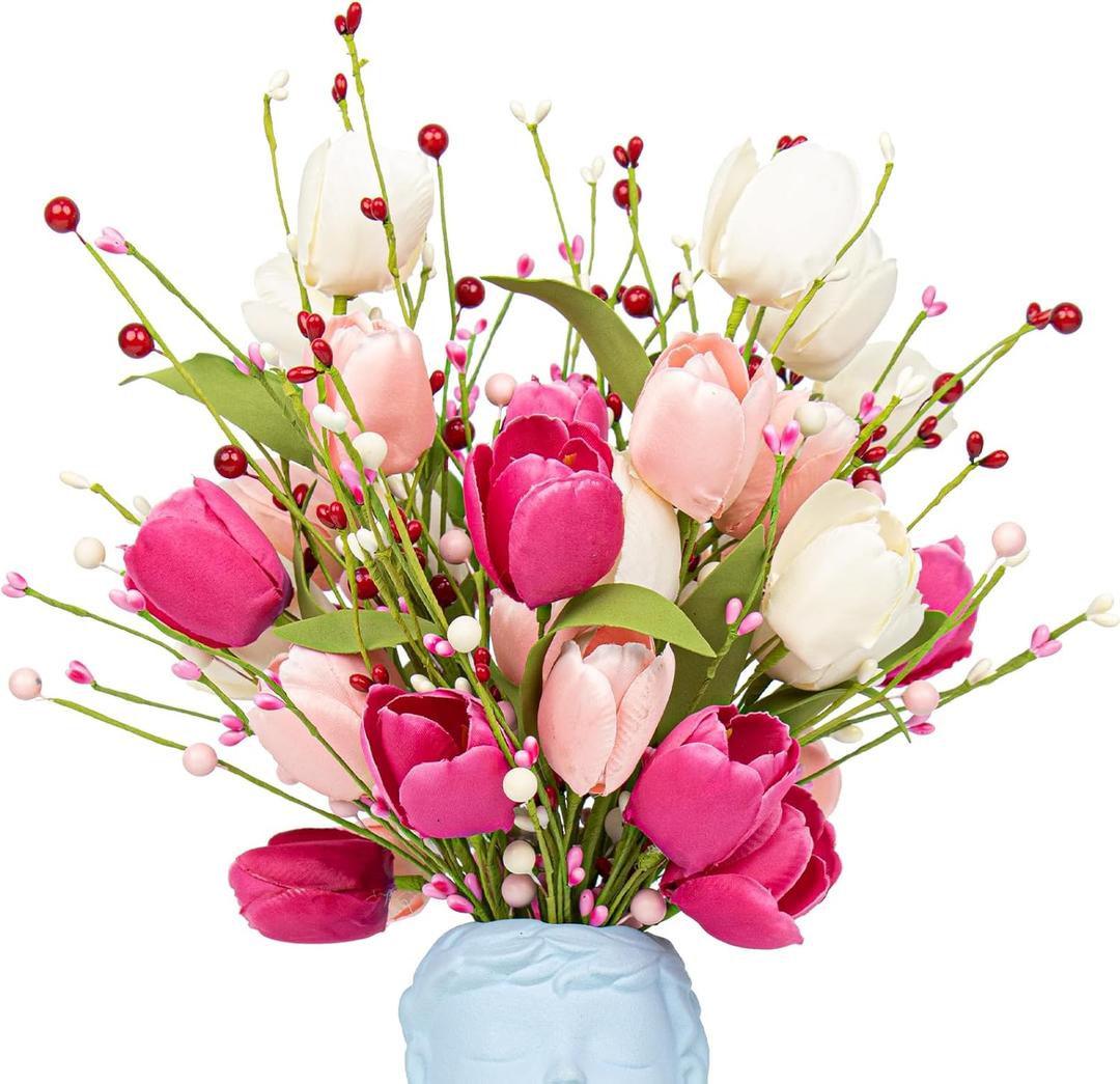 Valentines Day Decorations, 6 Pack Artificial Flowers 17inch Valentines Day Picks with Tulip Berry for Valentines Day Wedding Party Center Pieces Decoration (Red White)