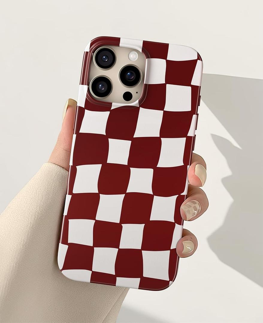 for iPhone 15 Pro Max Case 6.7 Inch, Trendy Checkered Aesthetic Cute Girly Design for Women & Girls, Checkerboard Pattern Phone Case, Slim Fit Silicone Protective Cover, Red and White