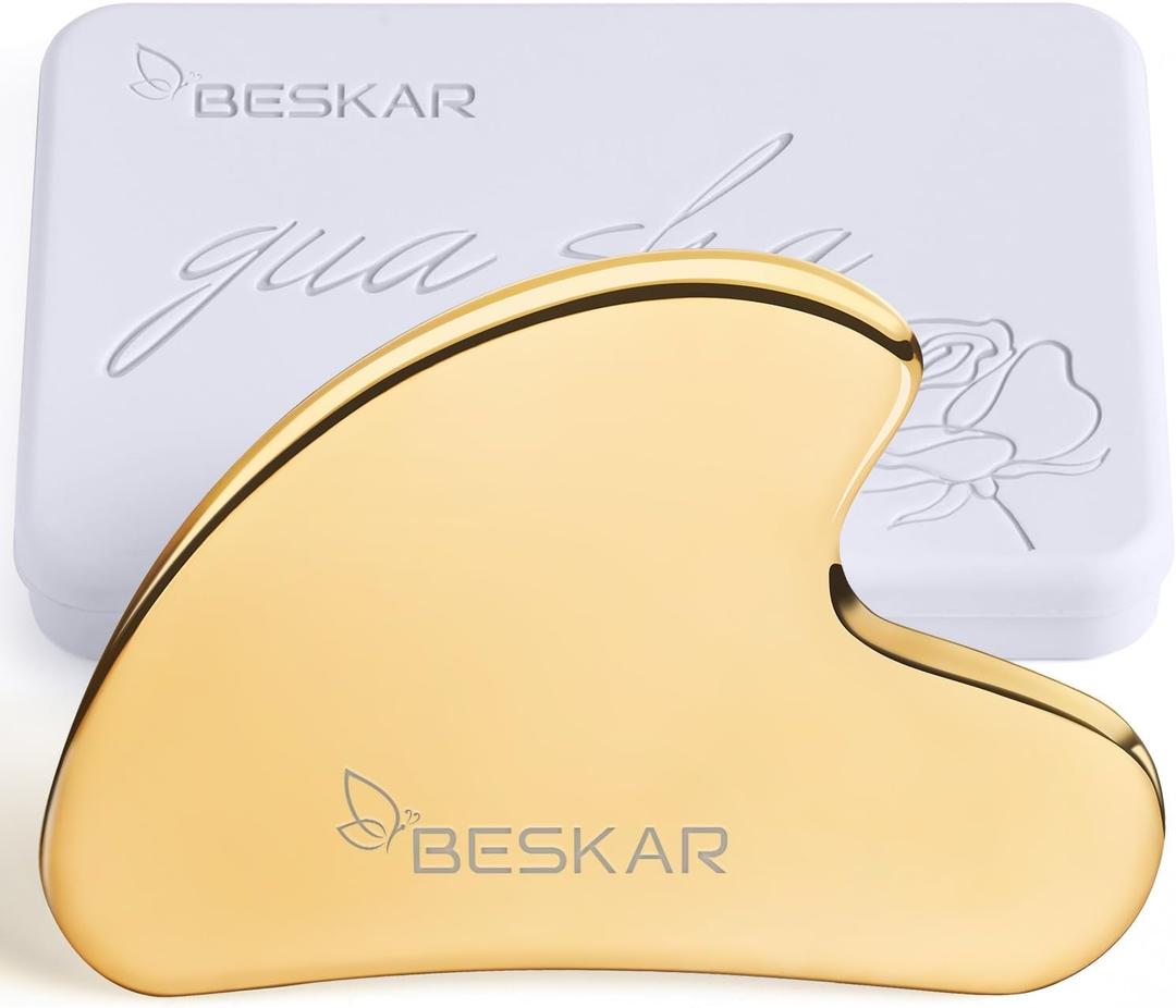 BESKAR Gua Sha Facial Tools, Stainless Steel Guasha Massage Sticks for Jawline Sculpting, Tighten Face Skin and Reduce Wrinkles, Face Eyes Body Neck Massage Tool, Skin Care Gift (Gold)