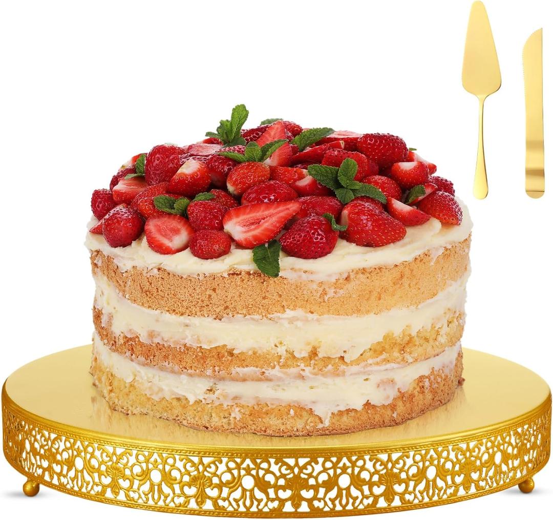 Wenqik 18 Inch Gold Cake Stand Set Metal Round Cupcake Dessert Stand with Cake Cutting, Spatula Wedding Cupcake Pastry Display Candy Holder Display for Wedding Party Birthday Baby Shower(Classic)