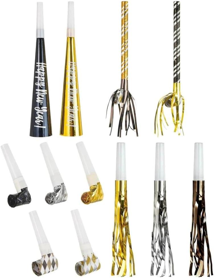 Black, Gold & Silver Party Horns & Blowouts Set (Pack of 50) - Perfect Party Supplies & Party Noise Makers for New Year's Eve, Graduation Parties, Birthdays & More