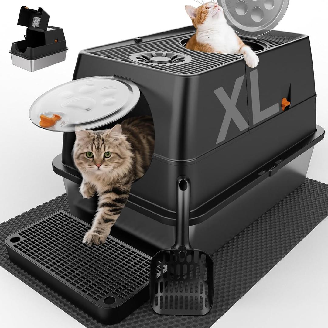 Stainless Steel Litter Box 24" with Lid, XL Extra Large Litter Box, Enclosed Top Entry Metal Litterbox for Big Cat, Easy Cleaning, Anti-Leakage & High Sided with Mat, Aisle & Scoop Black