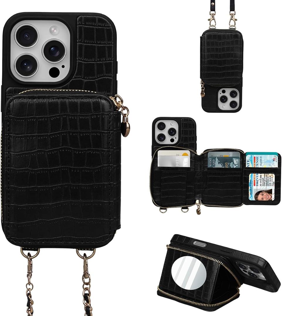Crossbody Mirror Case Wallet for iPhone 16 Pro with Strap, RFID Blocking Card Holder, Zippered Purse Phone Cover for Women - 6.3", (Black)