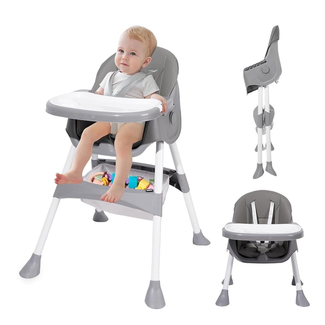 Baby High Chair, 6 in 1 Convertible High Chairs for Babies and Toddlers, Toddler Feeding Chair with Double Removable Tray, Adjustable Footrest & Machine Washable CushionLight Gray